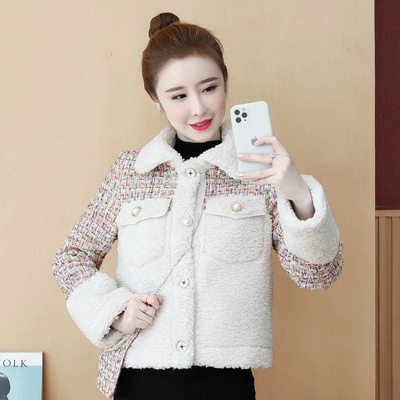 

Женское твидовое пальто на пуговицах, элегантная теплая куртка из овечьей шерсти с отложным воротником и сумкой, Осень-зима