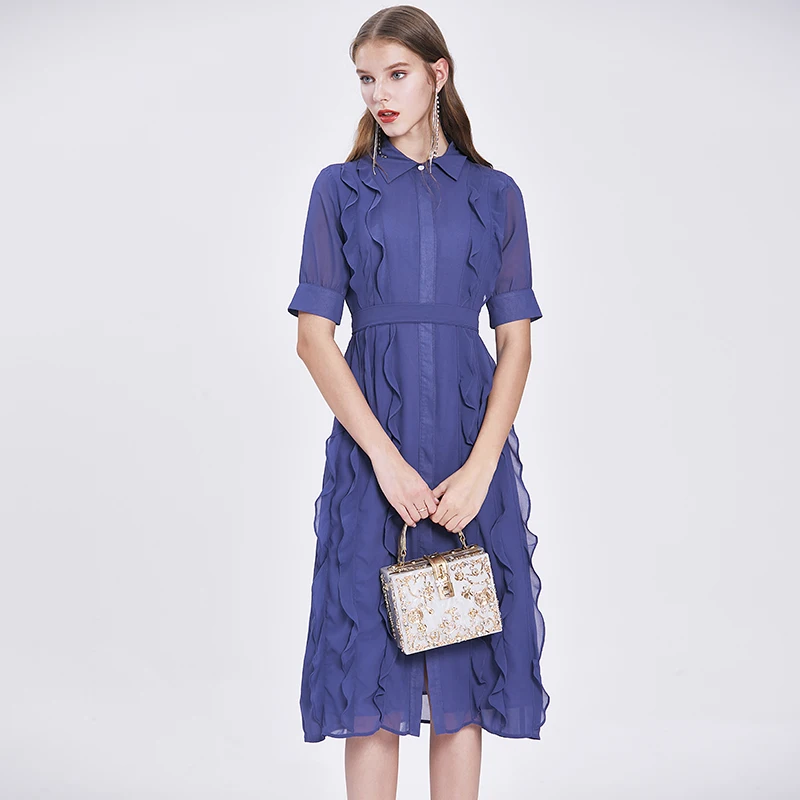 

COIGARSAM 3XL Plus Size Ruffles Women dress New Chiffon Short Sleeve Dresses Wisteria Color 6631