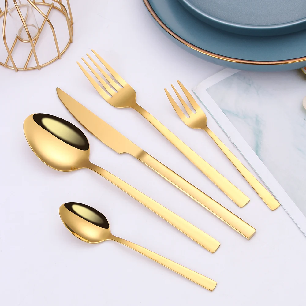 Cutlery Set Gold Stainless Steel 5 Piece with Tea Fork Tableware Dinnerware Spoons Knives Eco Friendly | Дом и сад