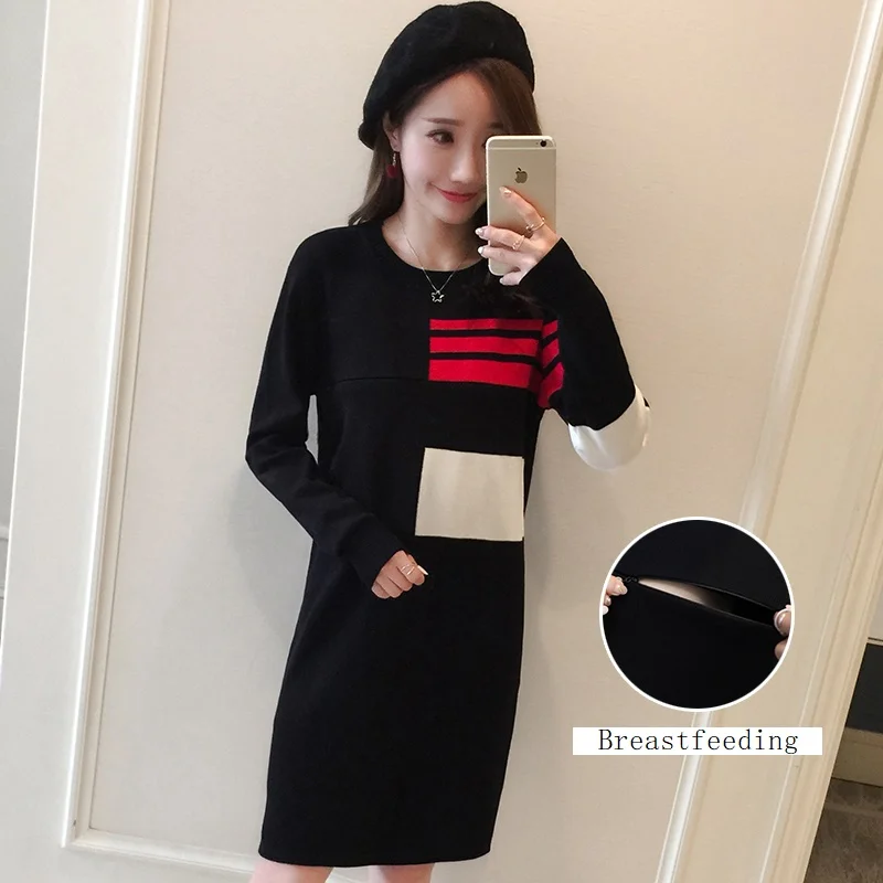 Winter Autumn Maternity Breastfeeding Dress Thickening Clothes For Pregnant Women Sweater Long-sleeve Nursing Dresses | Мать и ребенок