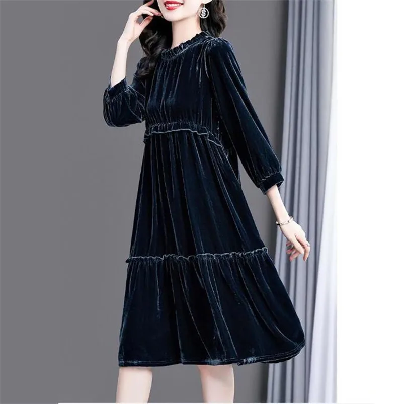 

Vintage Velvet Midi Dresses 2022 Autumn Ruffles Collar Elegant Party Dress High Waist Vestidos Korean Chic Women Clothing