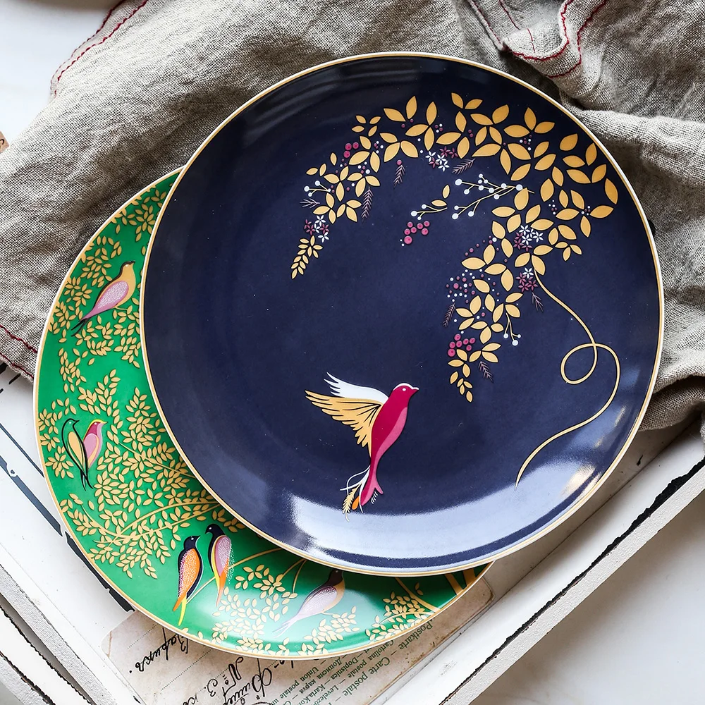 

Обеденная тарелка из костяного фарфора 8 дюймов, набор керамических круглых тарелок с цветочным и птичьим узором