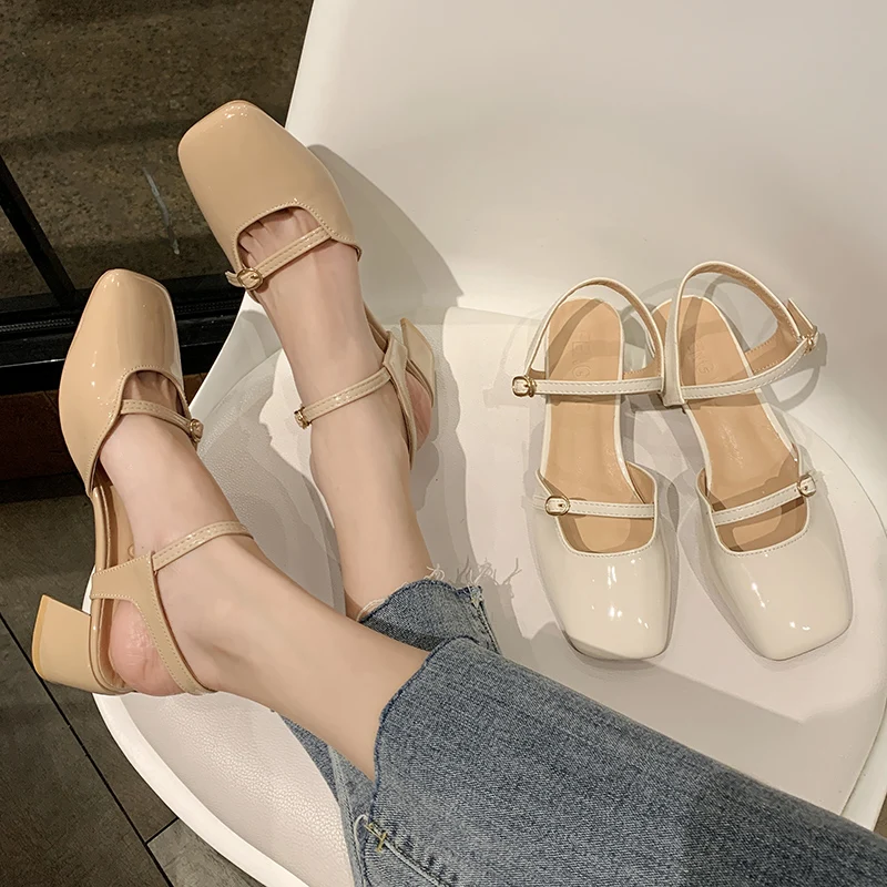 

Mary Janes Ladies Shoes 2021 Summer Square Toe Thick Heel Buckle Strap Pumps High Heels Vintage Shallow Sandalias Mujer Shoe