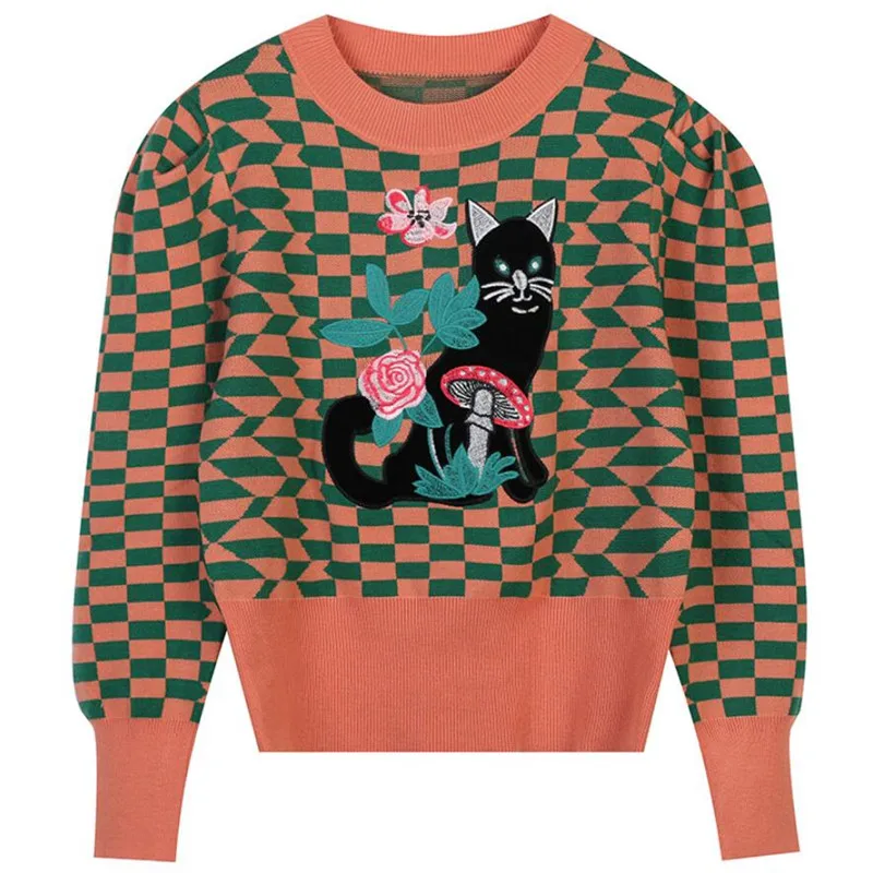 

Женский трикотажный пуловер с круглым вырезом, с вышивкой