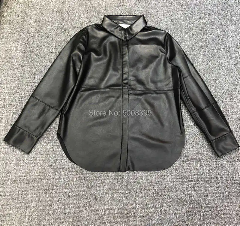 

Woman Brown PU leather effect shirt Collar Long sleeves button cuffs curved hem Fashion jackets top 2021