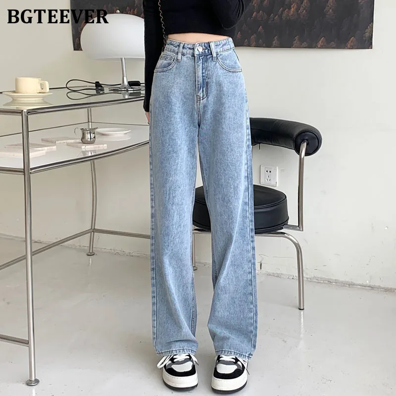 

Стильные женские прямые джинсовые брюки BGTEEVER в пол, с высокой талией, на пуговицах, свободные женские джинсы с широкими штанинами, весна 2022