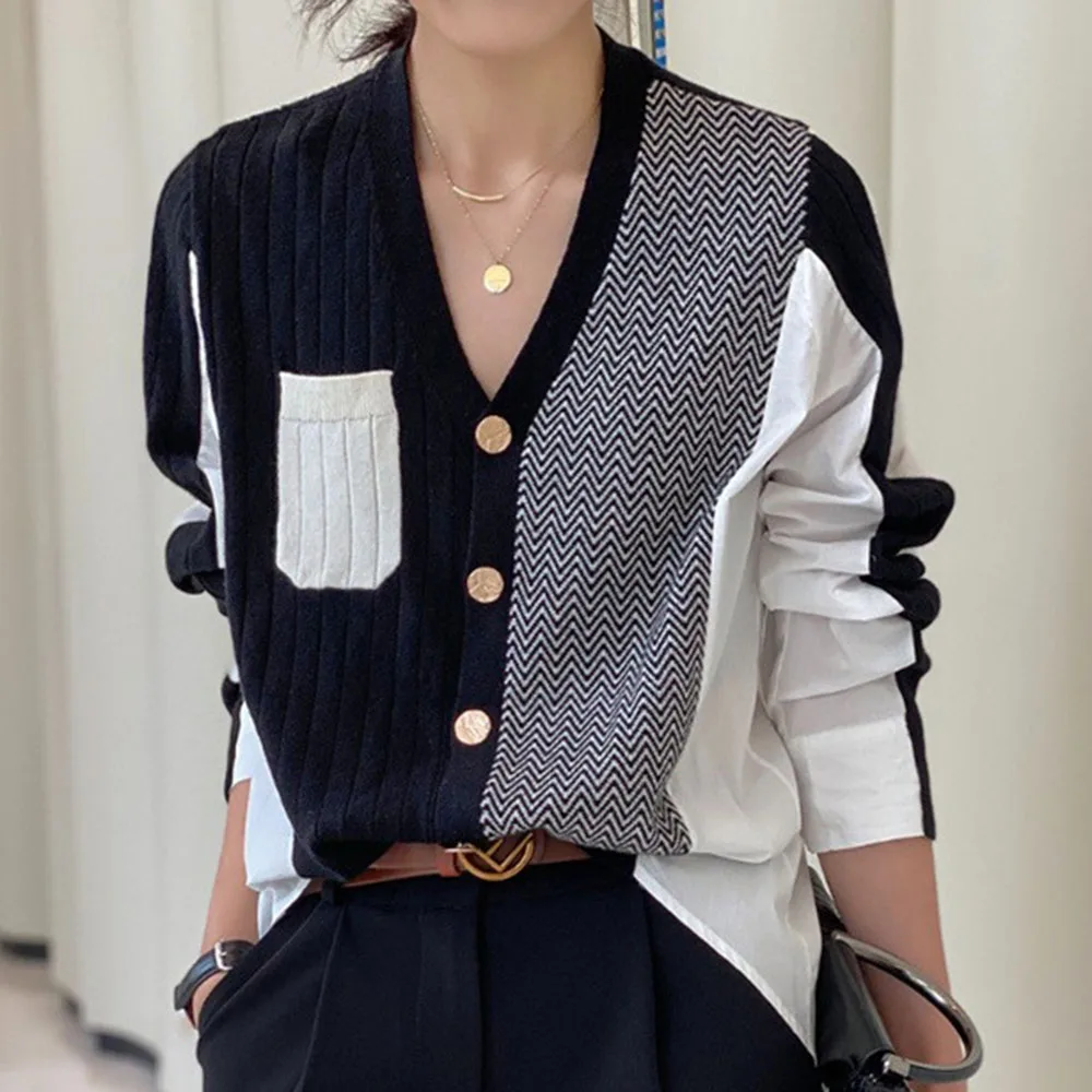 

Женский однобортный свитер, асимметричный контрастный однобортный свитер с V-образным вырезом и длинным рукавом, корейская мода, Осень-зима...