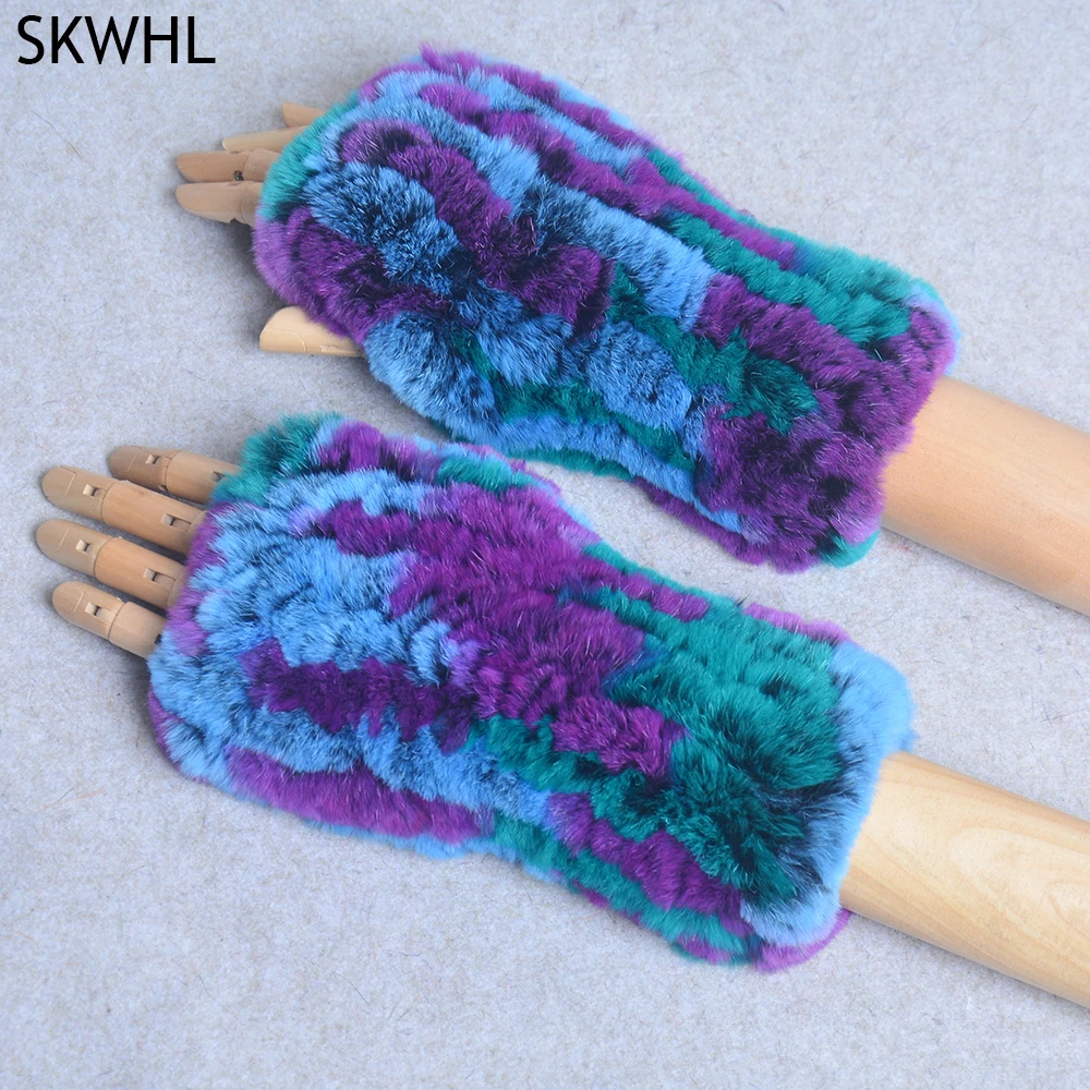 

2021 Fashion Real Rex Rabbit Fur Women's Winter Gloves Genuine Fur Mittens Girl Fingerless Gloves Wrist Warmer Elastic Fluffy