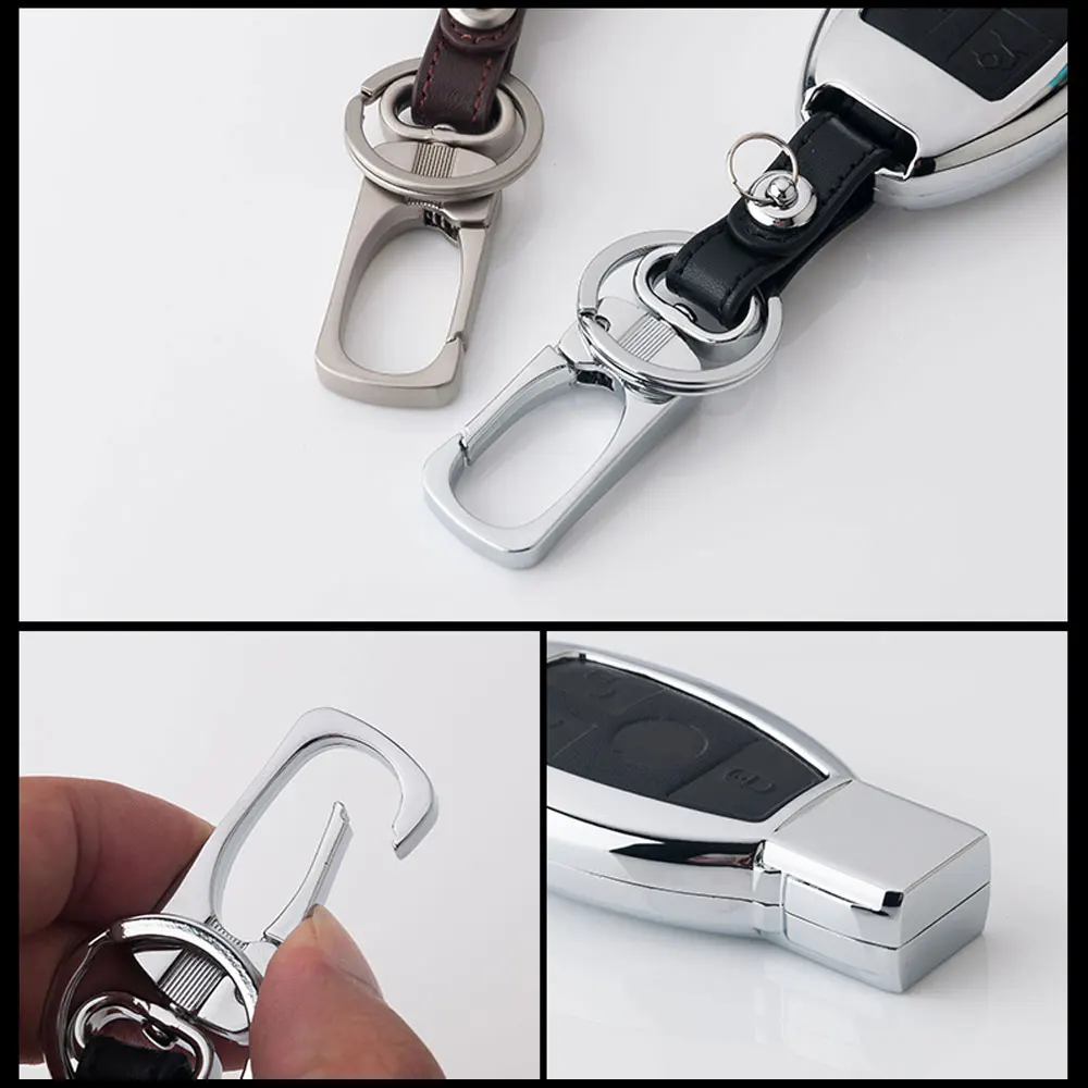 

Zinc Alloy+Leather Car Key Case For Mercedes Benz C E Class 3 Button Smart Keyless Remote Fob Shell Protector Cover Keychain Bag