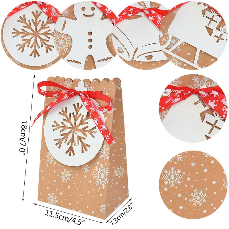 

12pcs Kraft Paper Cookie Bags Snowflake Pattern Gift Bags Gingerbread Bell Christmas Candy Biscuits Packaging Bag Party Supplies