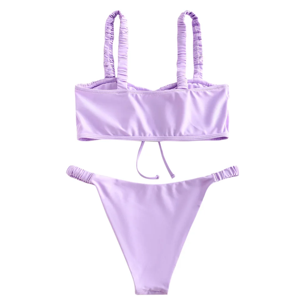 ZAFUL Women Ruched Elastic Straps Tie Bikini Swimsuit Wire Free Removable Padded Solid High Cut Bikini Sets Sexy 2019