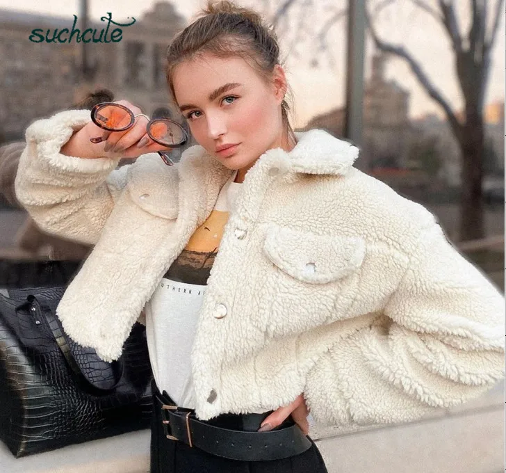 SUCHCUTE бархатное плюшевое пальто из искусственного меха для женщин, куртка на пуговицах Modis из овечьей шерсти, теплое зимнее пальто, женская верхняя одежда