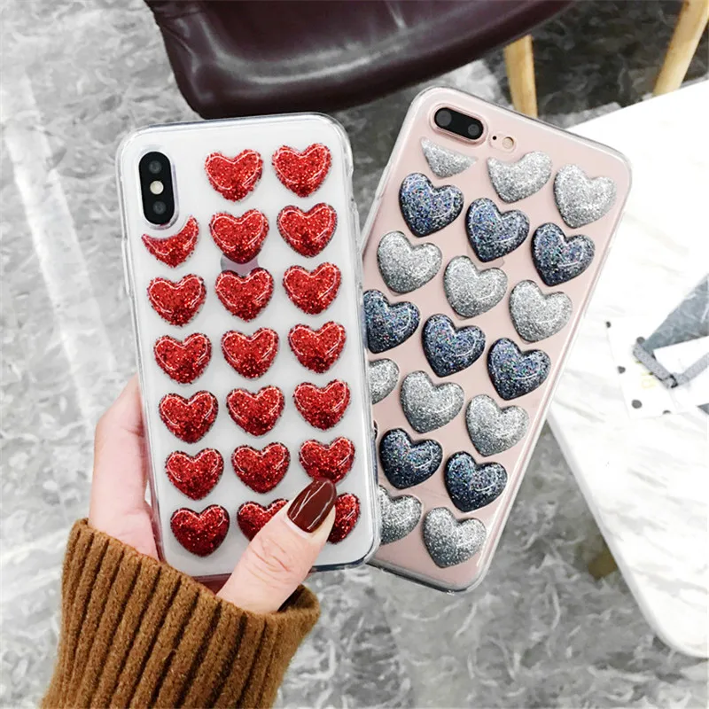 Новая мода Bling блеск сердце клей силиконовый корпус чехол для iPhone 7 8 XR XS Max 6 6s плюс задняя крышка 3D любит блестки мягкий чехол