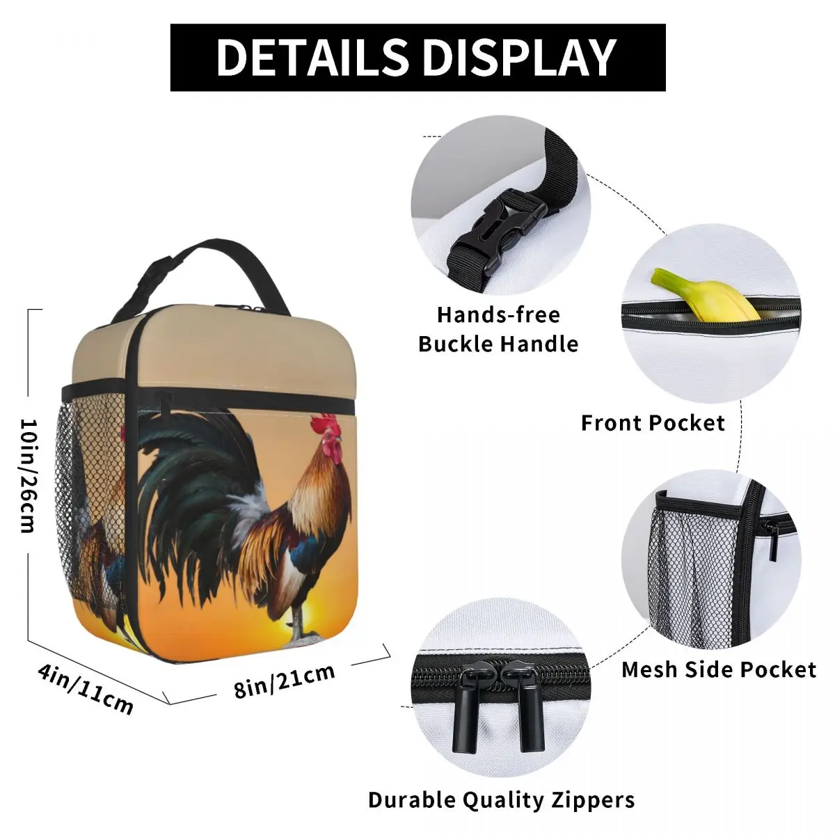 

Rooster Lunch Bag for Women Men Large Insulated Lunch Box with Water Bottle Holder and Pockets