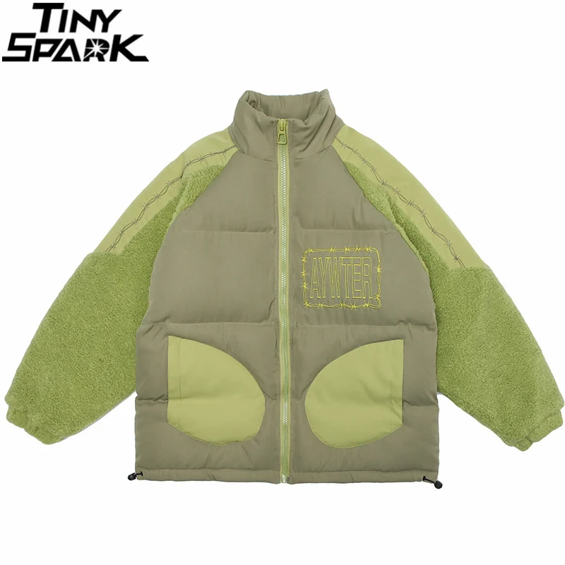 

2021 Мужская парка в стиле хип-хоп, куртка с вышитыми буквами, лоскутные карманы, меховая стеганая куртка, уличная одежда, Harajuku, хлопковая зимн...