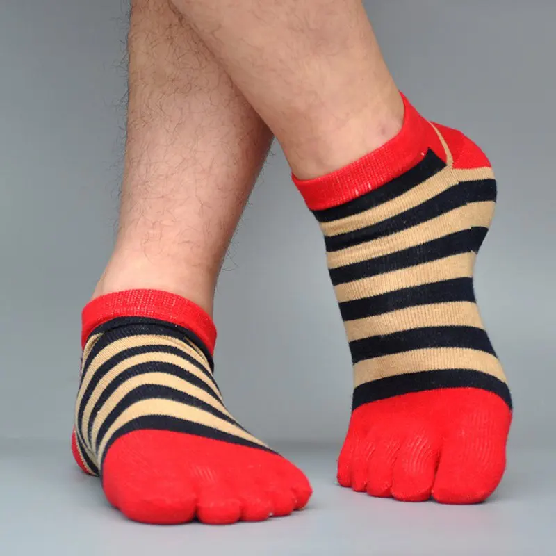 Мужские хлопковые носки с пальцами дышащие впитывающие пот полосатые пятью