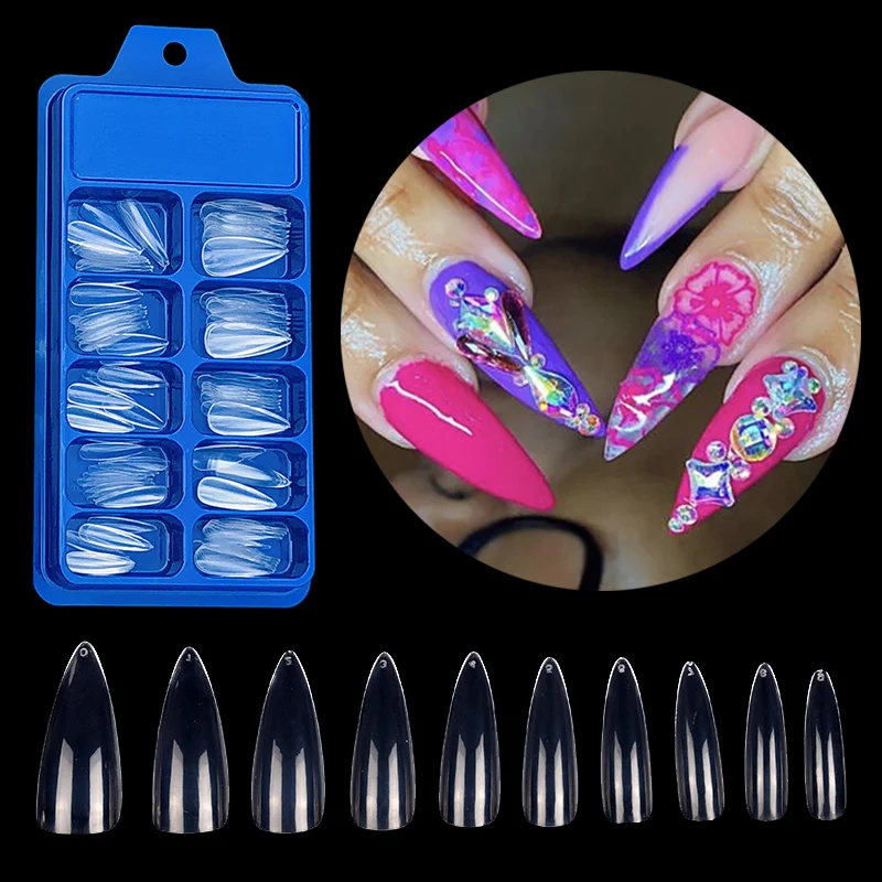 

100Pcs/Box New Long Acrylic Stiletto Fake Nails Tips Full Cover False Nails Tips Pointed Sharp 10 Sizes Artificial False Nails
