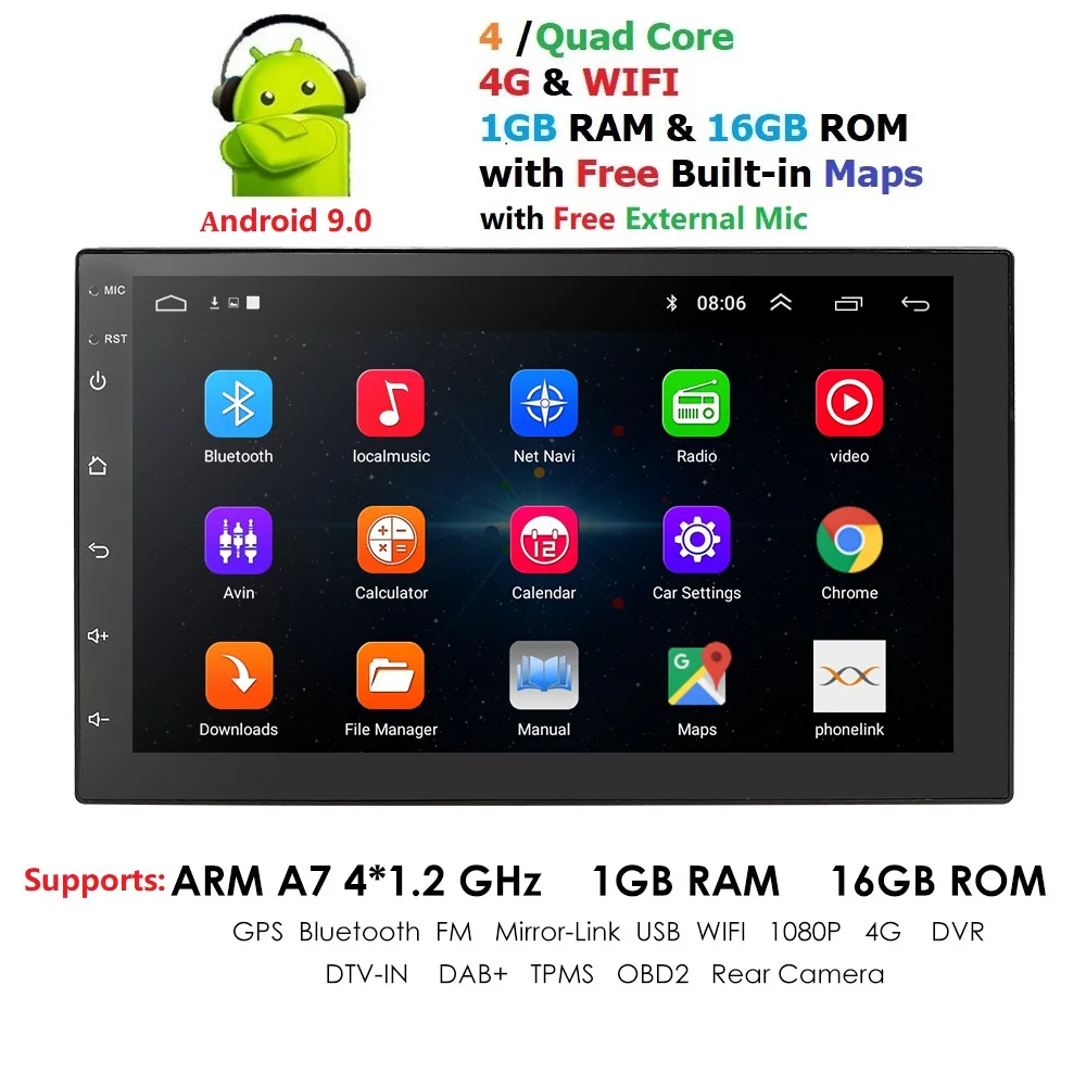 2 Din Android 9,0 автомобильный Радио Авто универсальный gps навигация 1024*600 Bluetooth wifi DAB DVR эквалайзер TPMS микрофон управление рулевым колесом