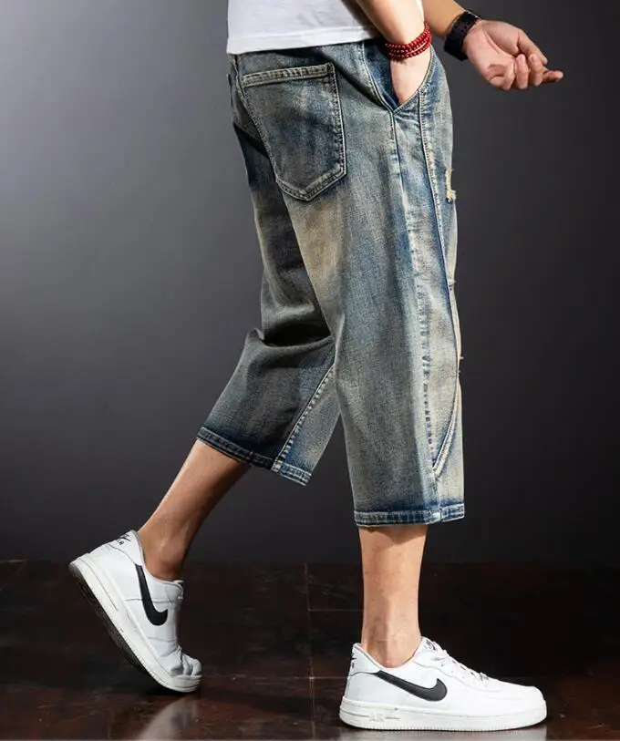 Mens Baggy Denim Shorts Fashion Streetwear Hip Hop Skateboard Cargo Hole Jeans Male Calf-Length Pants