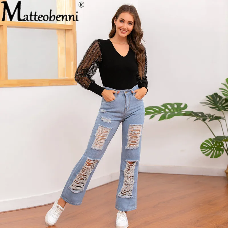 

2020 Sexy Ripped Mid Waist Loose Comfortable Jeans Women Plus Size Fashion Casual Straight Pants Mom Jeans Washed Boyfriend Jean