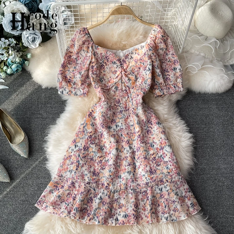 

Шикарное платье HangCode в стиле ретро с цветочным принтом, модное летнее шифоновое платье с короткими рукавами-фонариками и оборками, корейско...