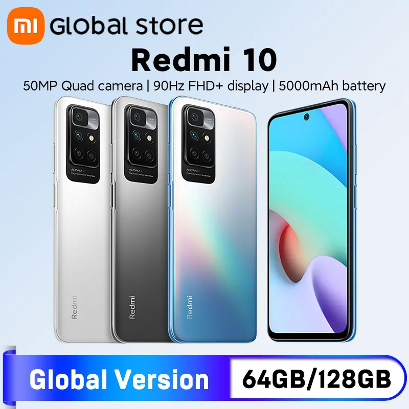 Xiaomi Redmi 10 64 Гб/128 ГБ глобальная версия нового мобильного телефона MediaTek Helio G88 Восьмиядерный 50MP AI quad camera 90Hz FHD Display