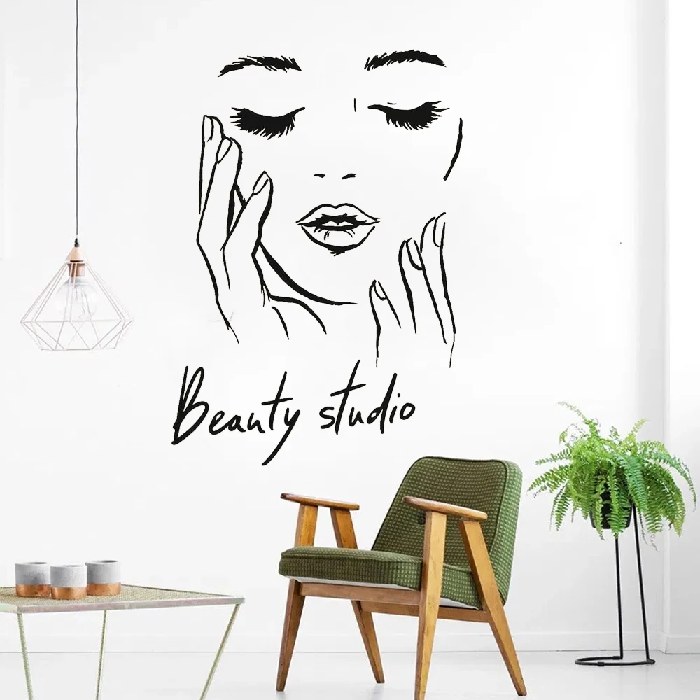 Female Face Vinyl Wall Decal Beauty Studio Door Sticker Cosmetic Makeup Wall Art Stickers Mural Removable Salon Decoration