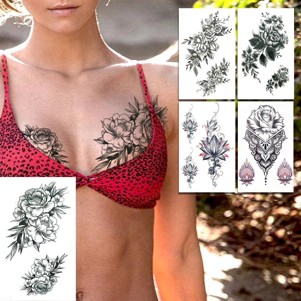 

Daisy Branch Fake Temporary Tattoos For Women Girls Jasmine Flower Lace Tattoo Chest Waist Beauty Lotus Waterproof Tatoo Armband