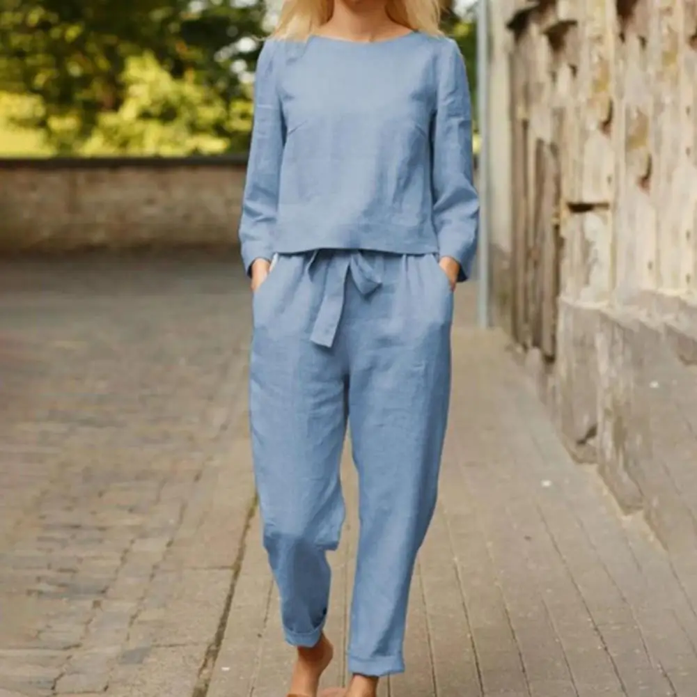 

1 Set Women Outfit Solid Color Lace-up Spring Autumn Long Sleeve Round Neck T-shirt Pockets Pants Set Streetwear chandals mujer