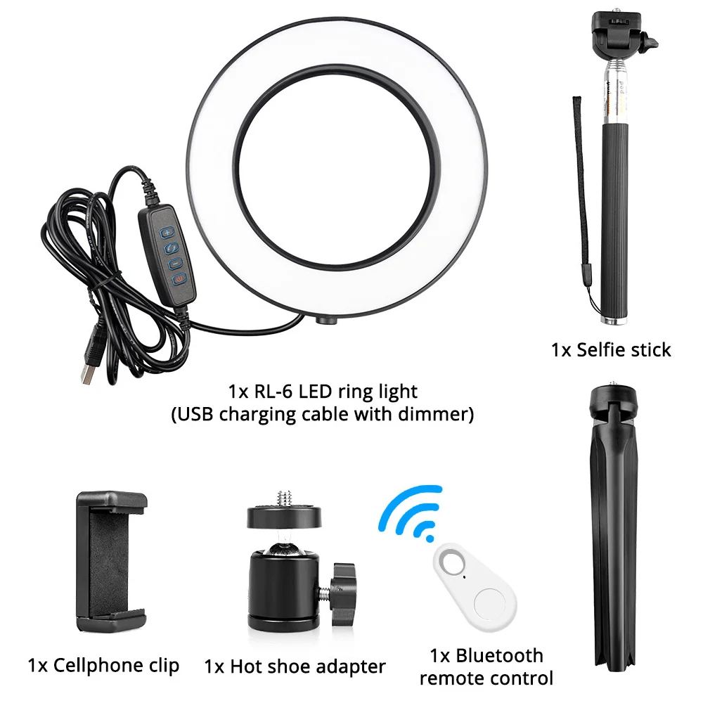 LED Ring Light 6 / 8 Inch Lamp Bluetooth USB Plug with Selfie Stick Tripod Phone Holder for YouTube Photography Video light | Электроника