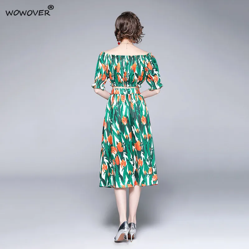 

Fashion Bohemian Beach 2 Piece Set Summer Runway Designer Women Slash Neck Print Crop Top and Midi Skirt Suit Sexy Party Outfit