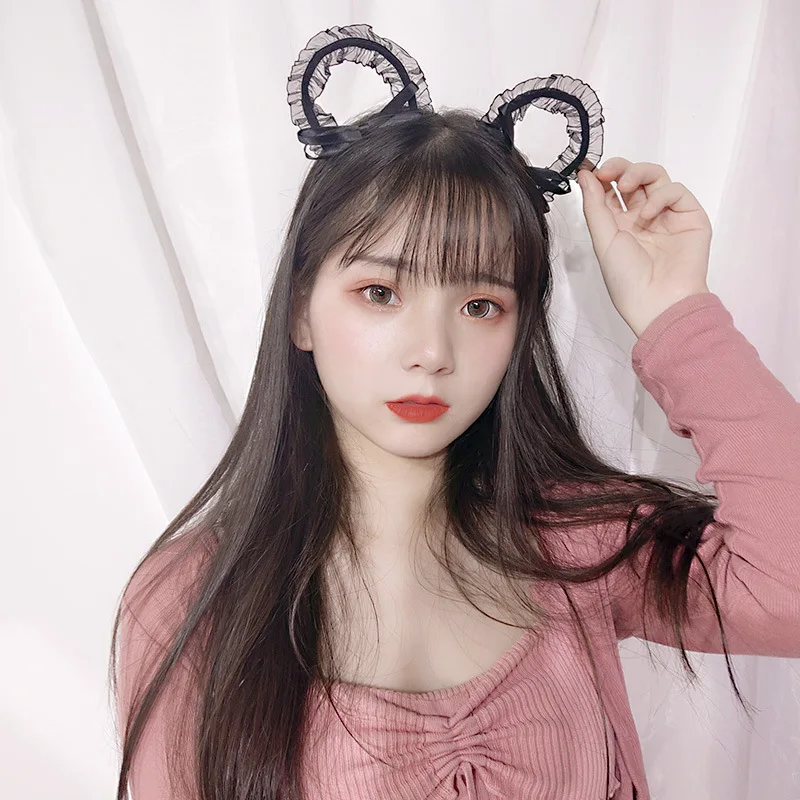 Женские кружевные ободки для волос Kawaii однотонные с кошачьими ушками и бантом из