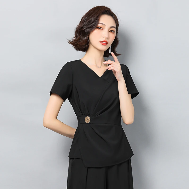 

COIGARSAM 3XL Plus Size Short Sleeve blouse women High Waist V-Neck blusas womens tops and blouses Black 6365