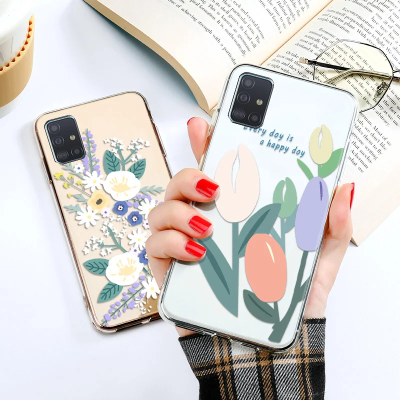 

Flower Silicon Case For Samsung M51 Cases Transparent Phone Fundas Samsung A51 A71 A12 A31 A41 A50 A70 A20e A11 A10 A01 Covers