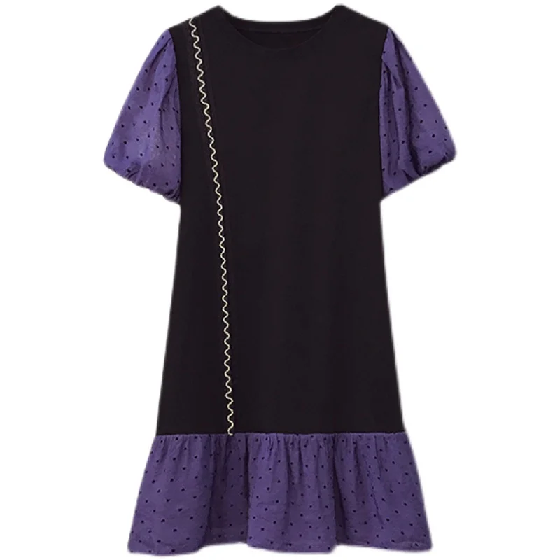 

2021 Plus Size Summer Elegant Pullover Rhinestone Lace Patchwork Dress For Women Puff Sleeves O-Neck Loose Waist Casual Dresses