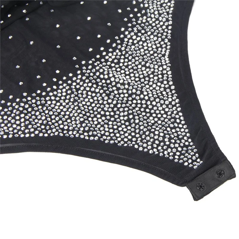 

Long Sleeve Transparent Mesh Rhinestone Sexy Teddy Lingerie Women Hot Plus Size Bodysuit Open Crotch Buttons Erotic Lingerie