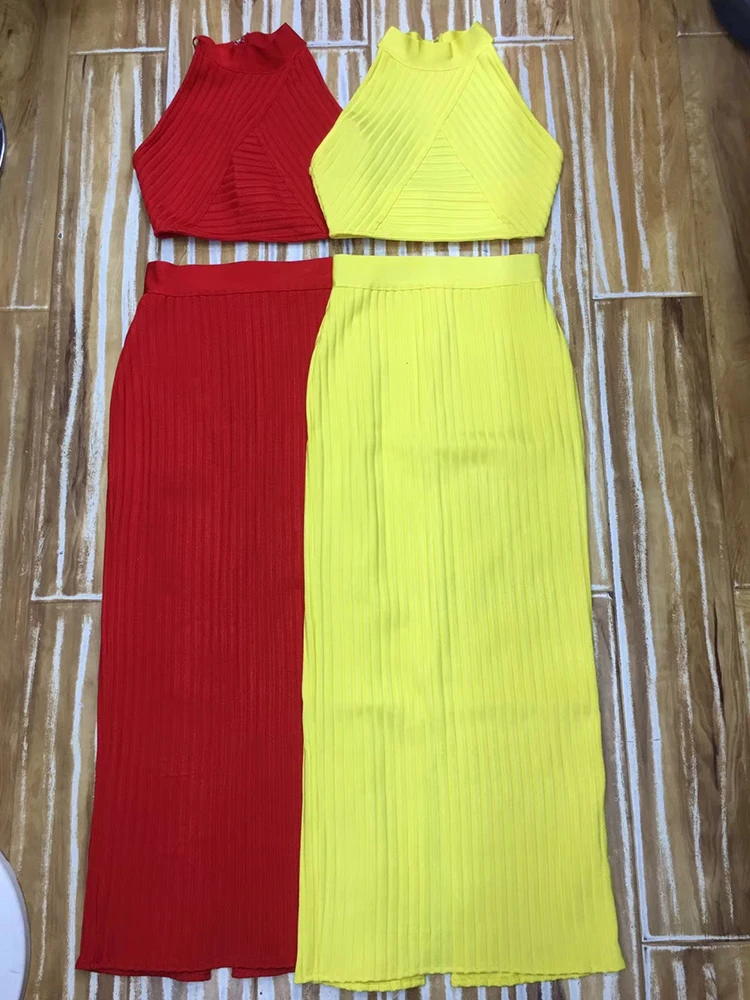 Новый костюм 2020, красно-желтый бандажный костюм из двух предметов, без рукавов, с лямкой на шее, длиной до щиколотки, женское винтажное плать... от AliExpress RU&CIS NEW