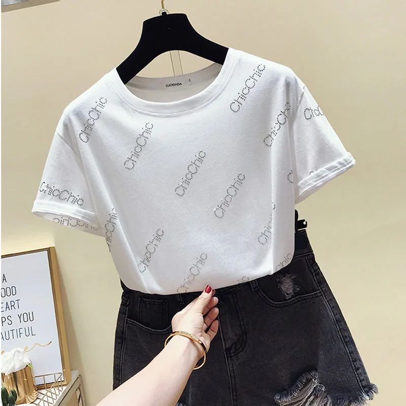 Футболка женская хлопковая с коротким рукавом белая со стразами | Женская одежда