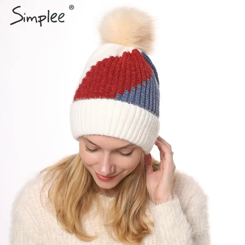 Simplee зимняя меховая вязаная шапка с помпоном Повседневная Женская Осенняя
