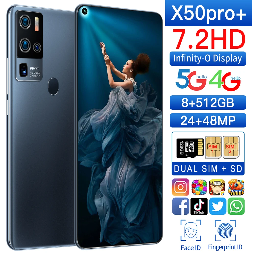 

New Arrival Galxy X50Pro+ Smart Phone 7.2 Inch 8+512GB Face Unlock Andriod 10 Dual SIM+Mocro SD Deca Core Cell Phone MTK6889