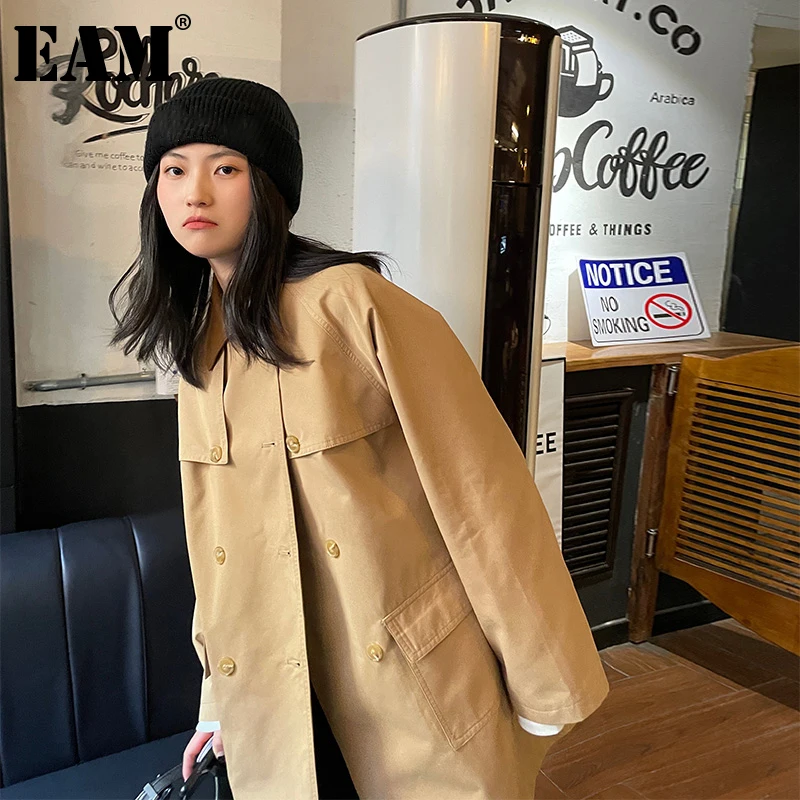 

[EAM] женский кожаный Тренч цвета хаки большого размера, новая свободная ветровка с отворотом и длинным рукавом, модная весенне-осенняя 2022 ...