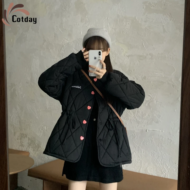 

Cotday O Neck Cotton Love Button Single Breasted Winter Warm Thick 2021 New Loose Preppy Style Sweet Letter Padded Jacket Coat