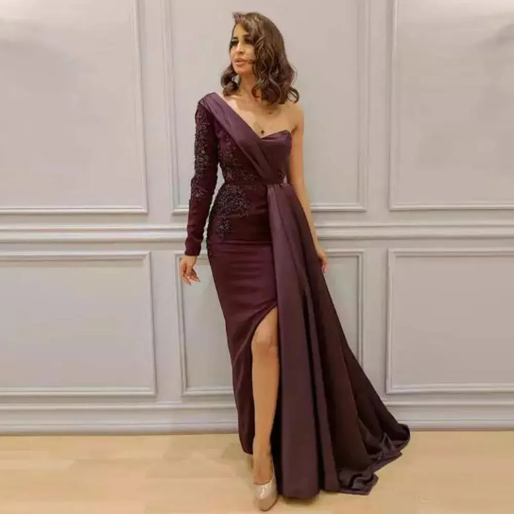 

Asymmetrical One-Shoulder Evening Dresses Burgundy Mermaid / Trumpet Party Dresses Sweep/Brush Applique Fashion Party Gowns 2021