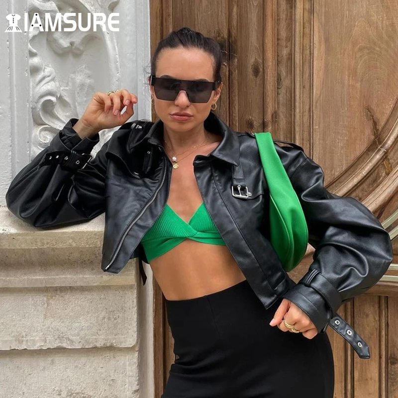 

IAMSURE Casual Solid Pu Jackets Autumn Winter Basic Zipper-Up Long Sleeve Leather Coats Turn-Down Collar Cropped Coat Streetwear
