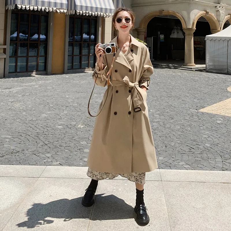 

2020 New Autumn Mid-Length Windbreaker Women British Style Plaid Patchwork Double Breasted Classic High Quality Trench Coat