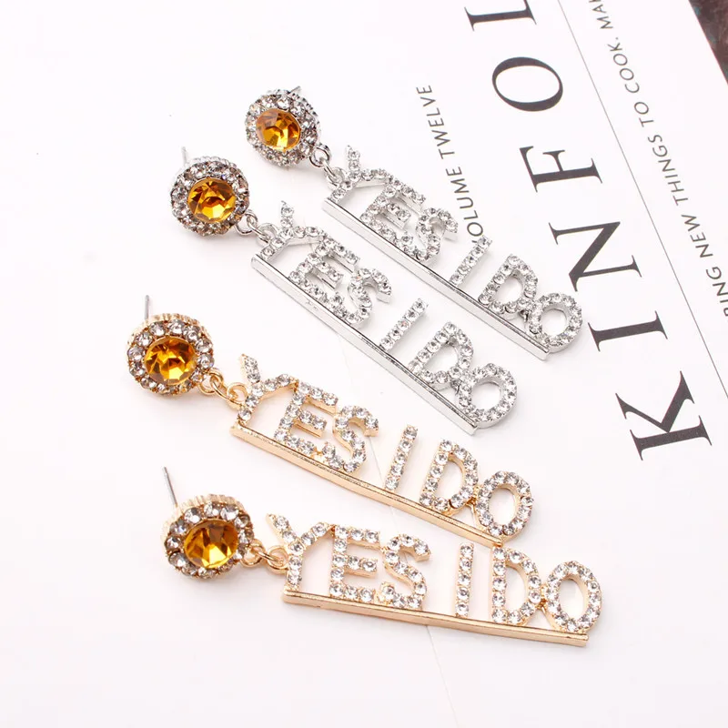 

Luxury Rhinestone Yes I do Letter Long Drop Earrings Weeding Jewelry for Women Elegant Crystal Bridal Dangle Earring Accessories