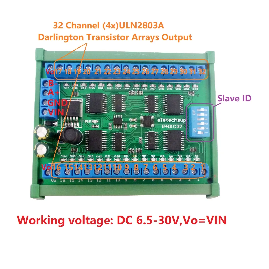 DC 12 В 24 32-канальный DIN35 C45 рельсовый ящик RS485 Modbus RTU ULN2803A транзистор Дарлингтона