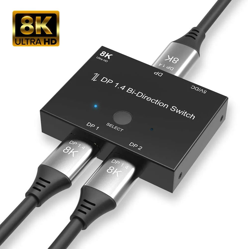 

DisplayPort 1,4 двунаправленный переключатель сплиттер 1X2 или 2x1 DP 1,4 KVM 8K @ 30 Гц 4 K @ 144 Гц для нескольких источников и отображает переключатель