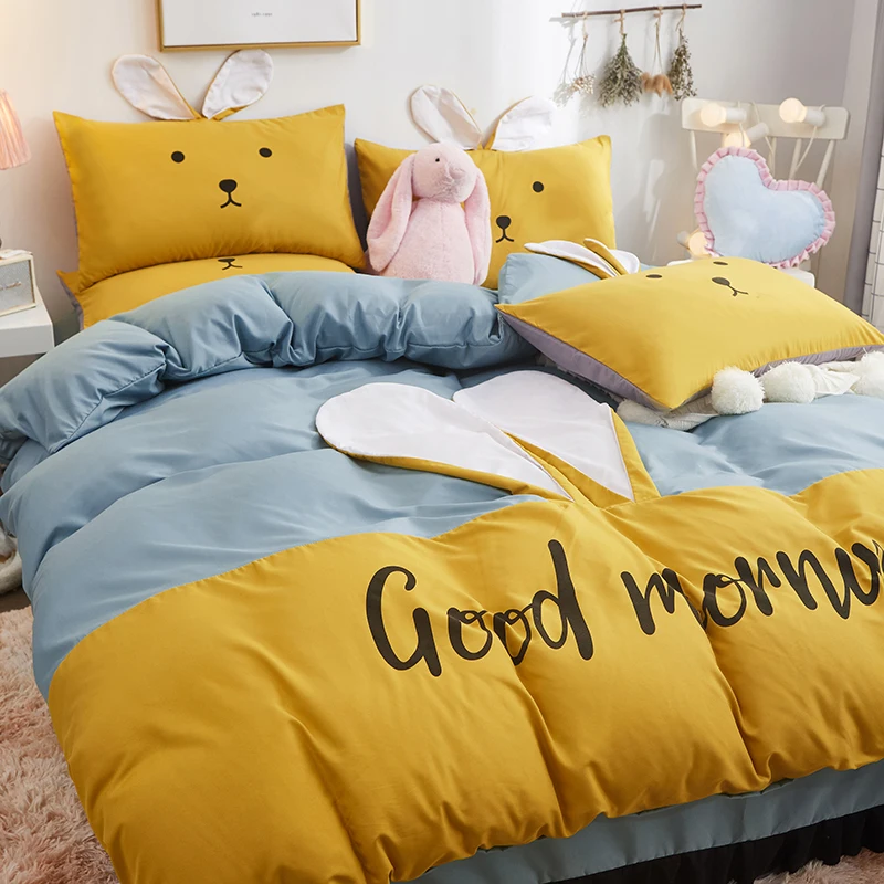 B-light blue yellow Милый Домашний Комплект постельного белья с рисунком руббит, постельное белье, пододеяльник, плоский лист, Комплект постельного белья, полный комплект постельного белья для детской комнаты - Цвет: B-light blue yellow