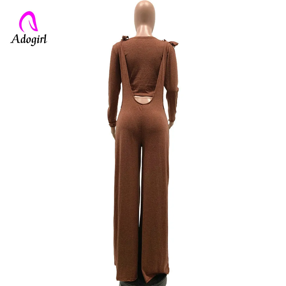 

Adogirl New Autumn Women Long Sleeve Tee and Straight Romper Pant Suit Khaki Two Piece Set Casual Overalls Tracksuit Outfit 2019